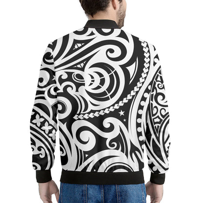 Black And White Polynesian Tattoo Print Men's Bomber Jacket