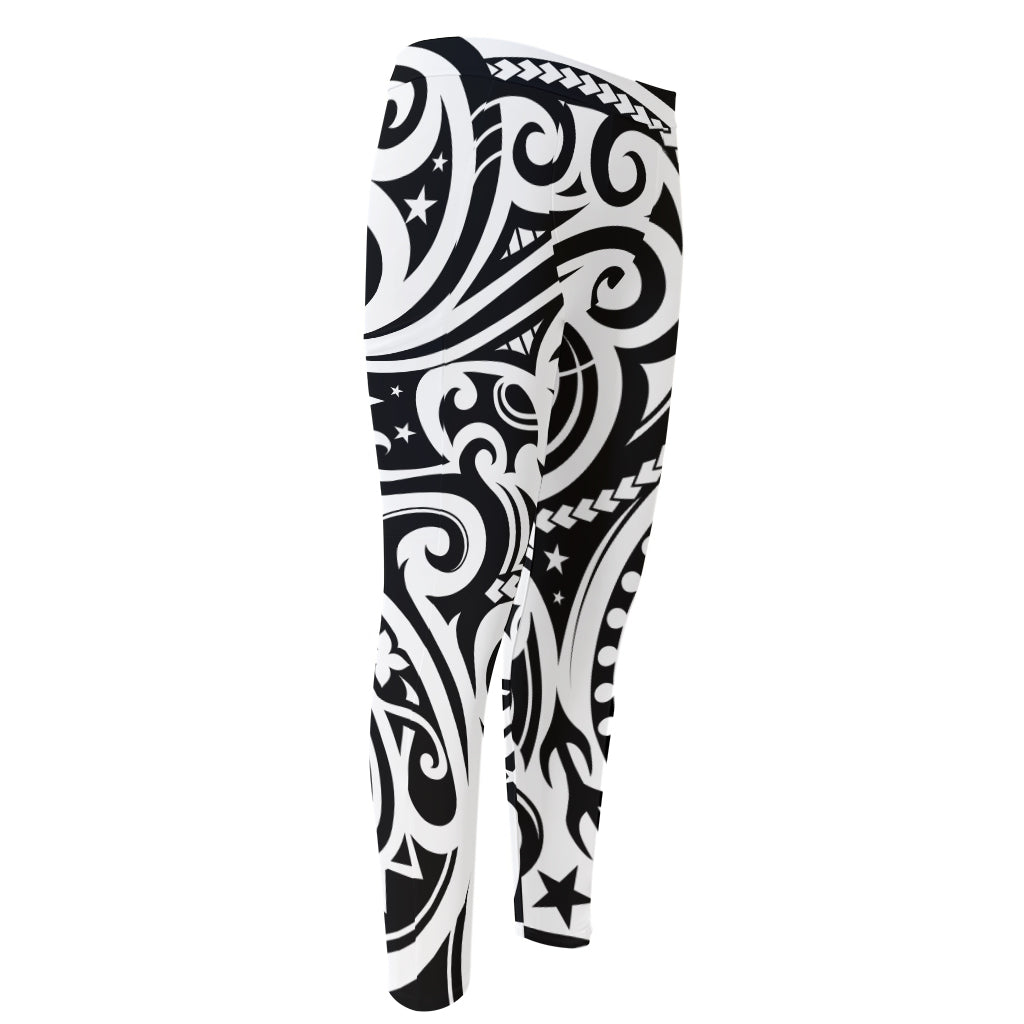 Black And White Polynesian Tattoo Print Men's Compression Pants