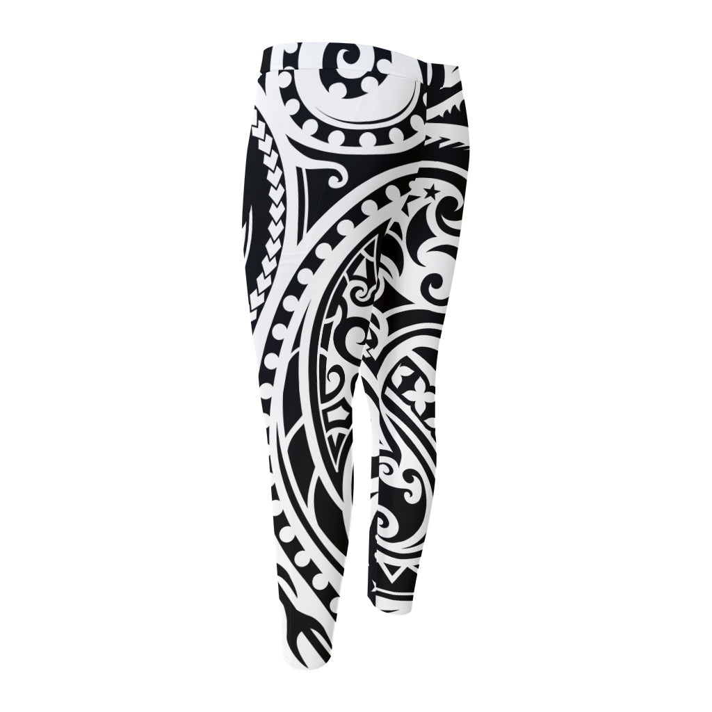 Black And White Polynesian Tattoo Print Men's Compression Pants