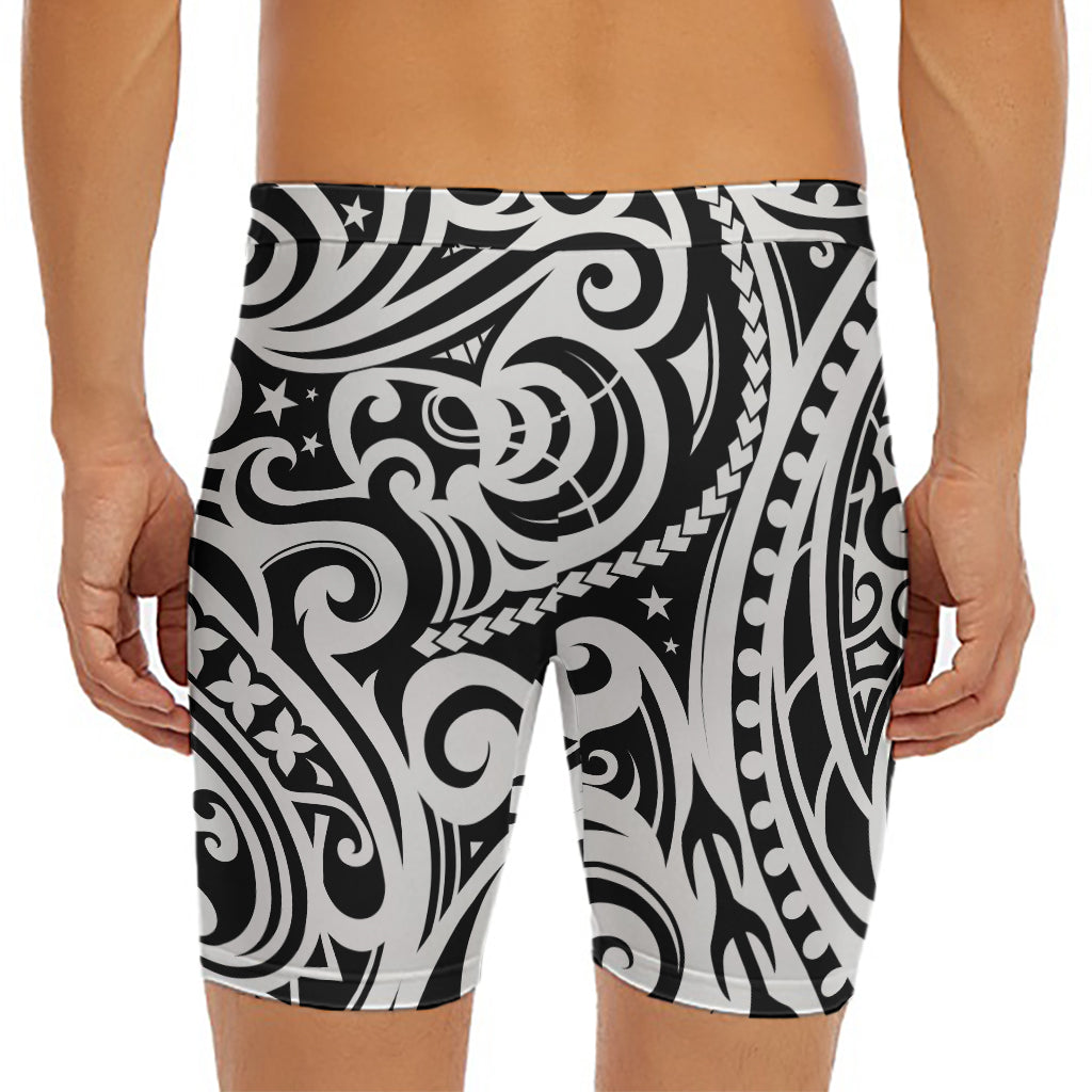 Black And White Polynesian Tattoo Print Men's Long Boxer Briefs