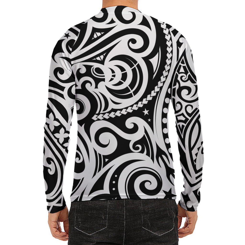 Black And White Polynesian Tattoo Print Men's Long Sleeve Rash Guard