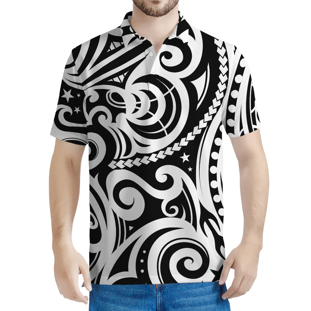 Black And White Polynesian Tattoo Print Men's Polo Shirt