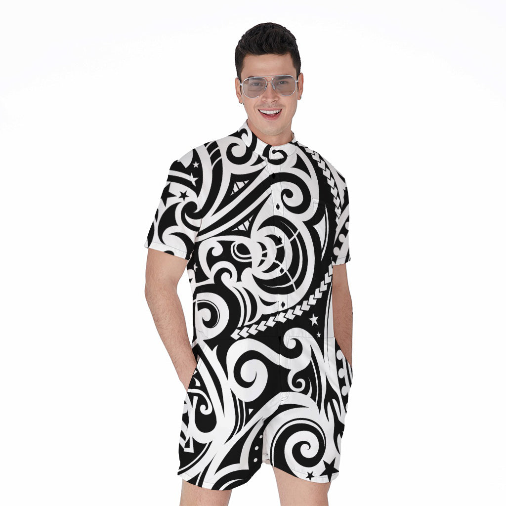 Black And White Polynesian Tattoo Print Men's Rompers