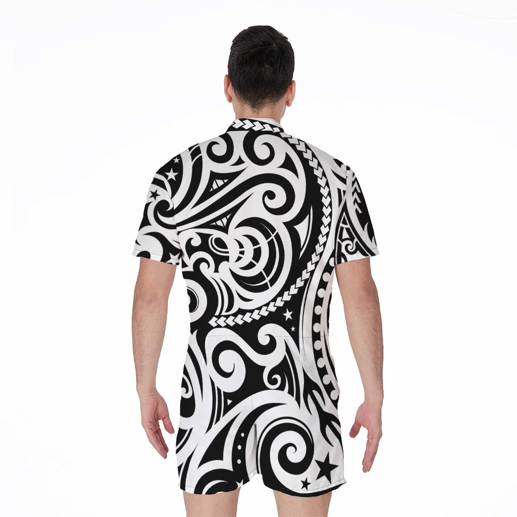 Black And White Polynesian Tattoo Print Men's Rompers