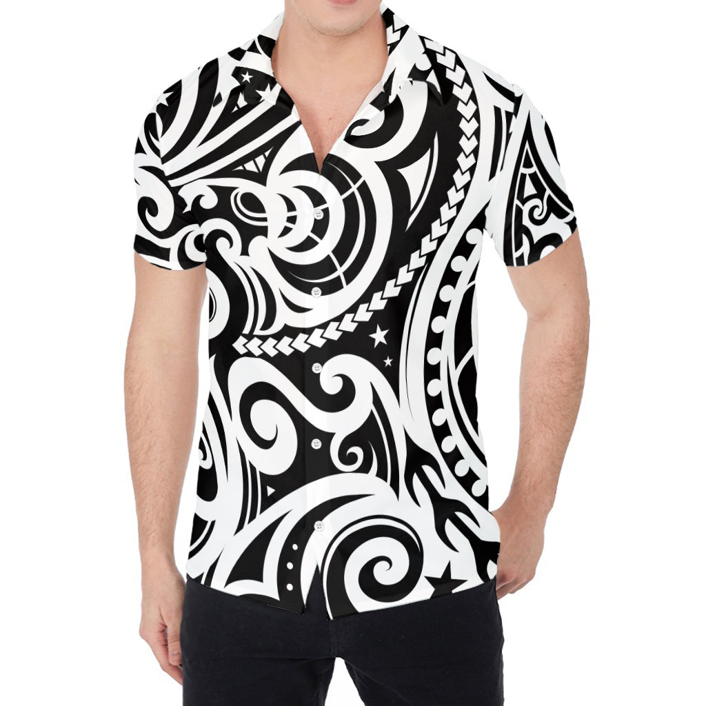 Black And White Polynesian Tattoo Print Men's Shirt