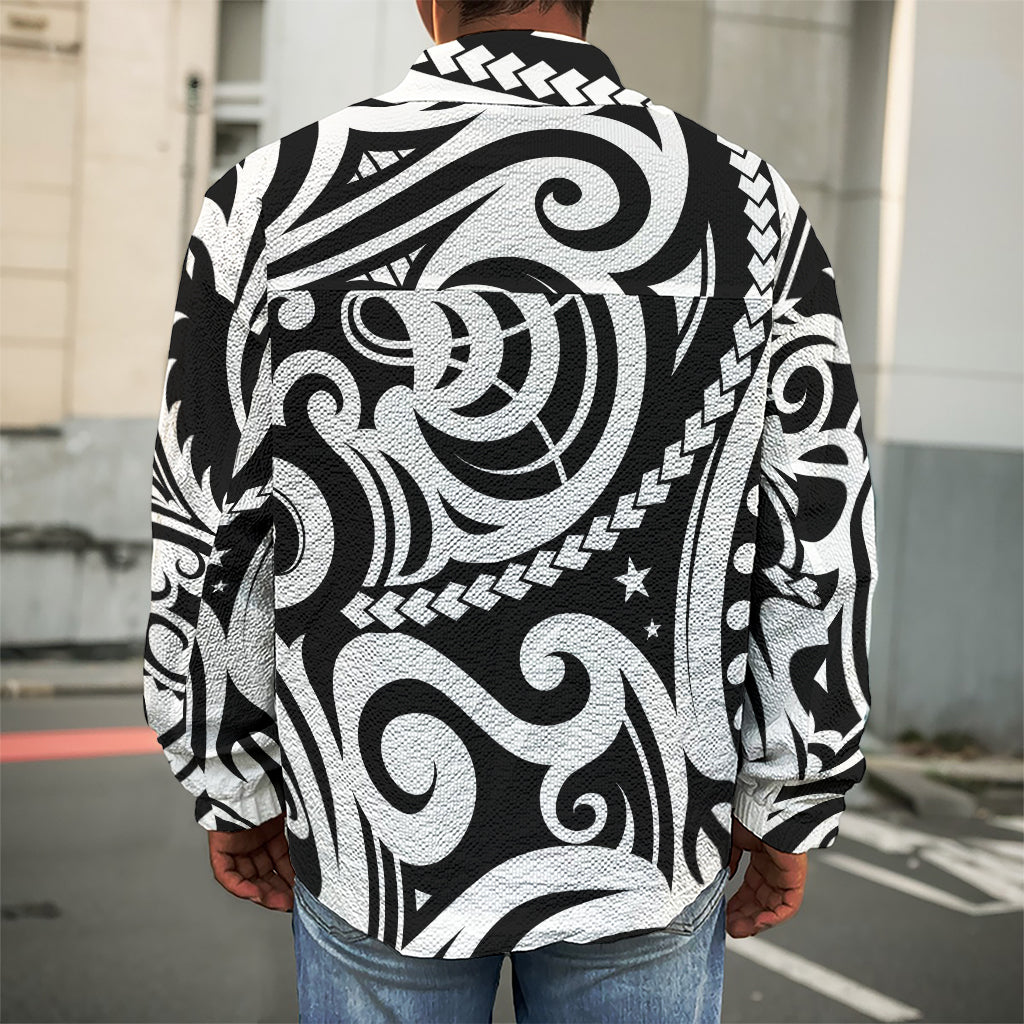 Black And White Polynesian Tattoo Print Men's Shirt Jacket