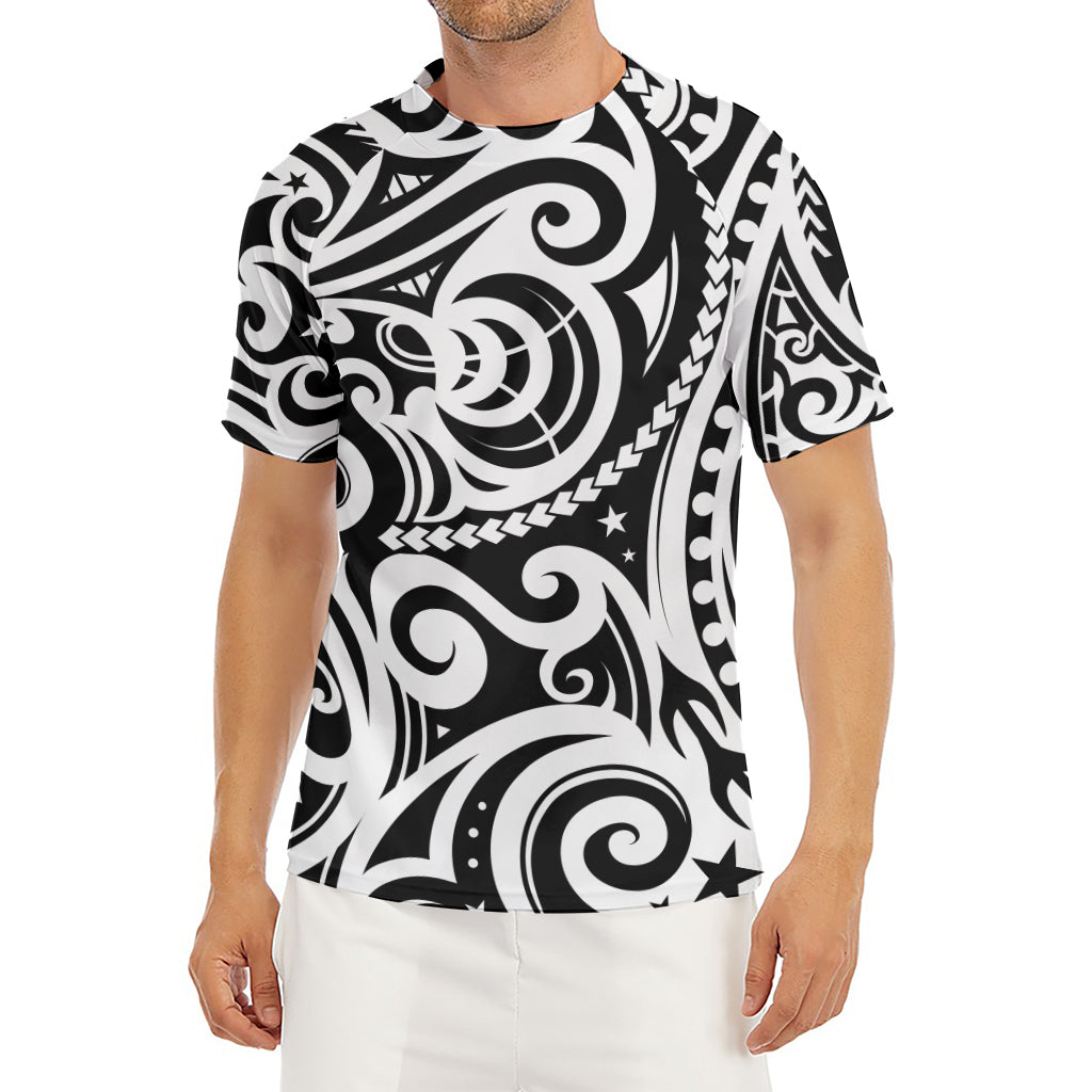 Black And White Polynesian Tattoo Print Men's Short Sleeve Rash Guard