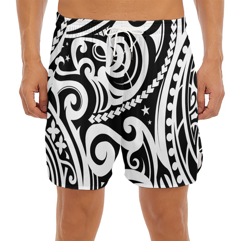 Black And White Polynesian Tattoo Print Men's Split Running Shorts