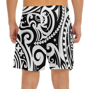 Black And White Polynesian Tattoo Print Men's Split Running Shorts