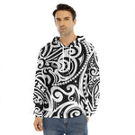 Black And White Polynesian Tattoo Print Men's Velvet Pullover Hoodie