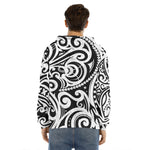 Black And White Polynesian Tattoo Print Men's Velvet Pullover Hoodie