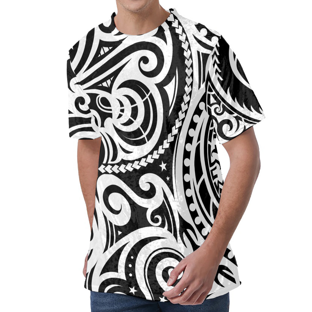 Black And White Polynesian Tattoo Print Men's Velvet T-Shirt