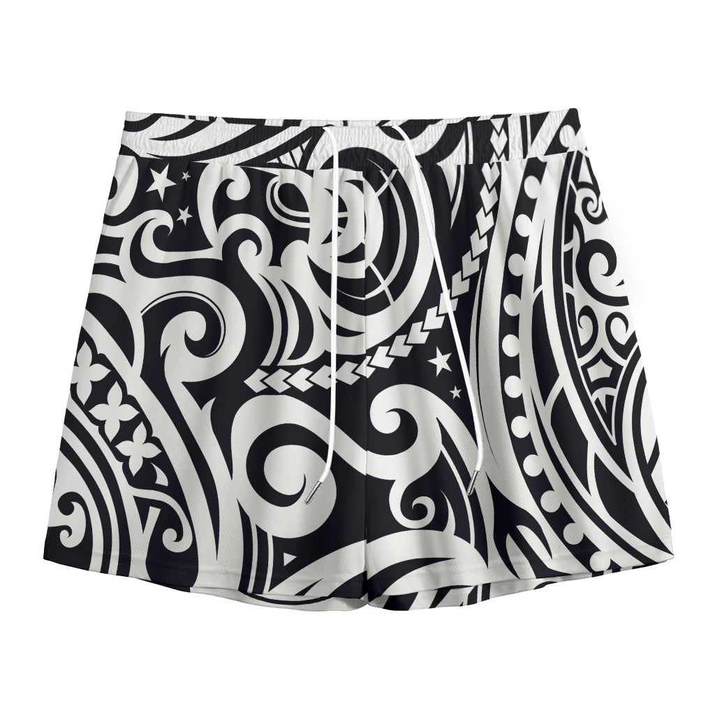 Black And White Polynesian Tattoo Print Mesh Shorts