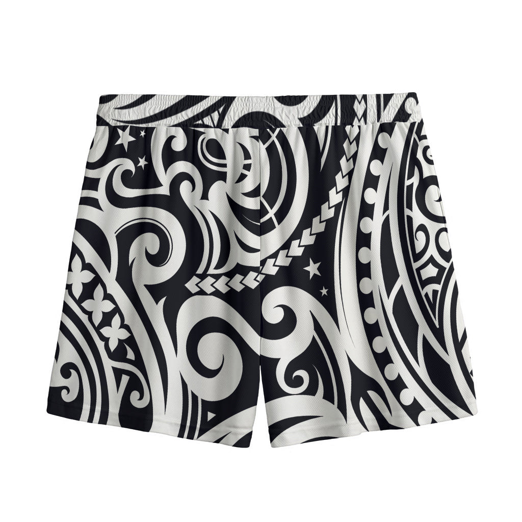 Black And White Polynesian Tattoo Print Mesh Shorts