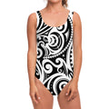 Black And White Polynesian Tattoo Print One Piece Swimsuit