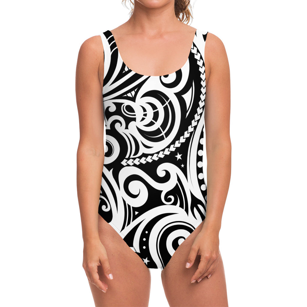 Black And White Polynesian Tattoo Print One Piece Swimsuit