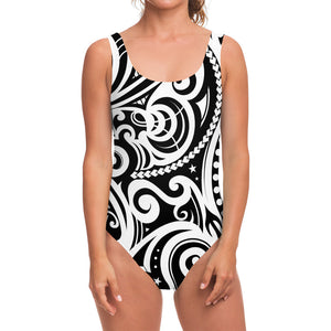 Black And White Polynesian Tattoo Print One Piece Swimsuit