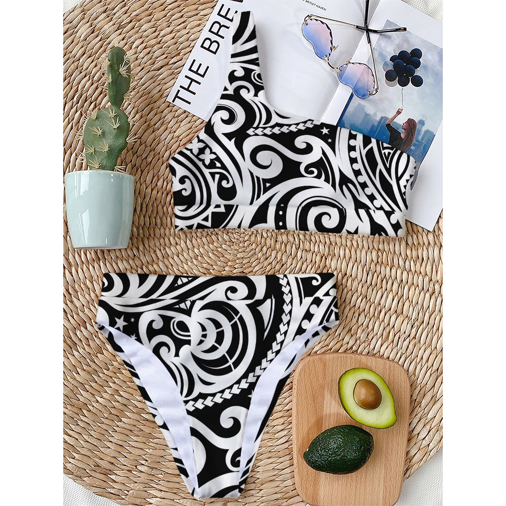 Black And White Polynesian Tattoo Print One Shoulder Bikini Top