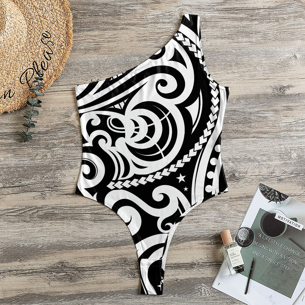 Black And White Polynesian Tattoo Print One Shoulder Bodysuit