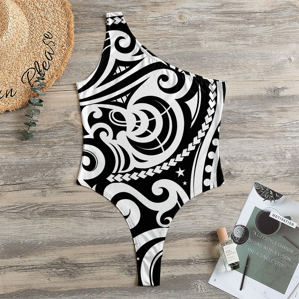 Black And White Polynesian Tattoo Print One Shoulder Bodysuit