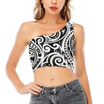 Black And White Polynesian Tattoo Print One Shoulder Crop Top