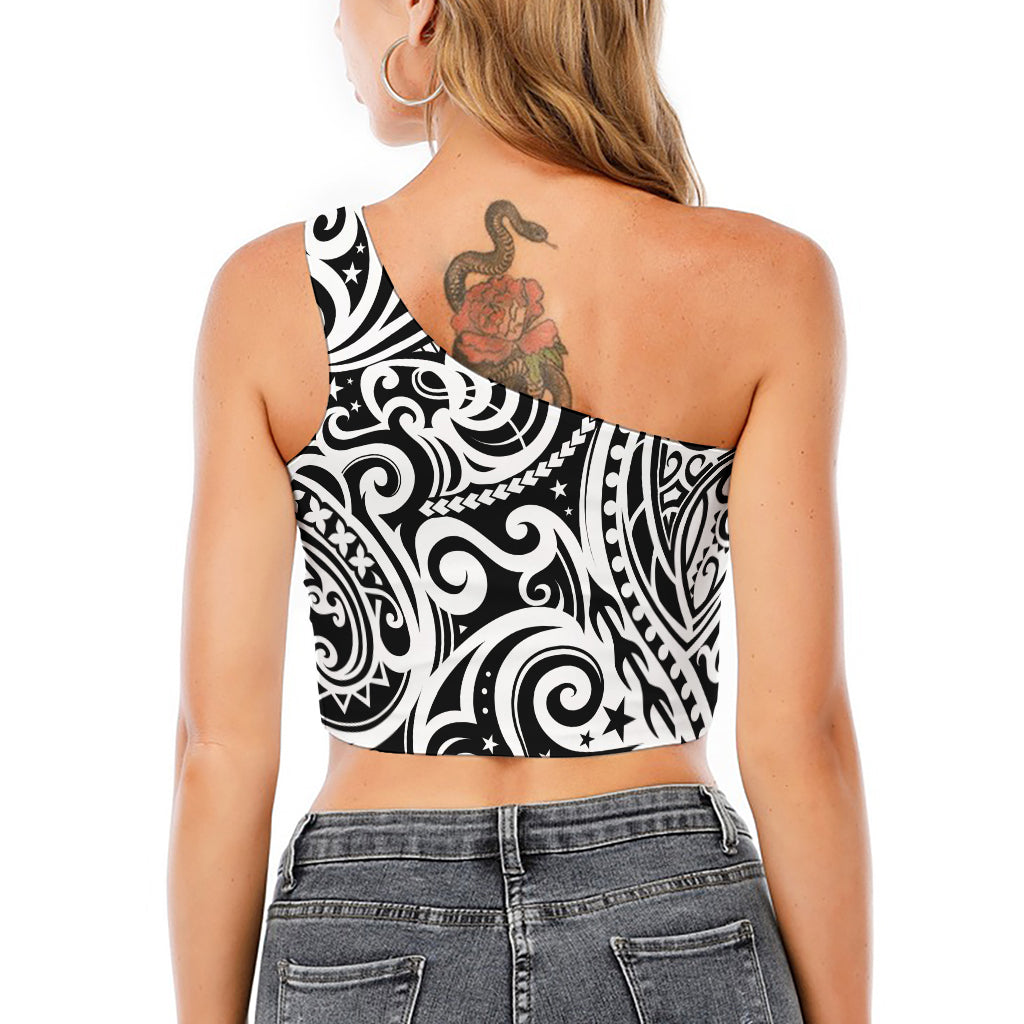 Black And White Polynesian Tattoo Print One Shoulder Crop Top