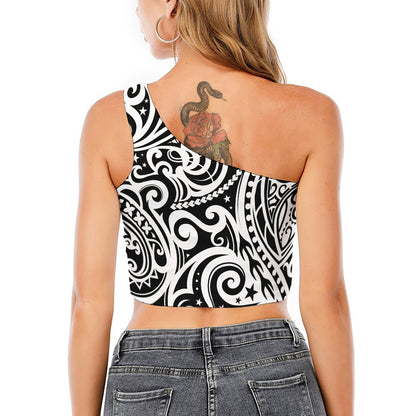 Black And White Polynesian Tattoo Print One Shoulder Crop Top