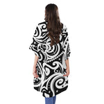 Black And White Polynesian Tattoo Print Open Front Beach Cover Up