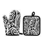 Black And White Polynesian Tattoo Print Oven Mitt And Pot Holder Set