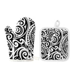 Black And White Polynesian Tattoo Print Oven Mitt And Pot Holder Set