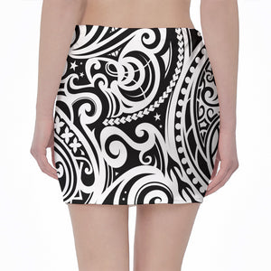 Black And White Polynesian Tattoo Print Pencil Mini Skirt