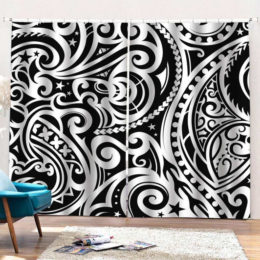 Black And White Polynesian Tattoo Print Pencil Pleat Curtains