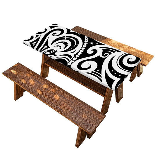 Black And White Polynesian Tattoo Print Picnic Table Cover