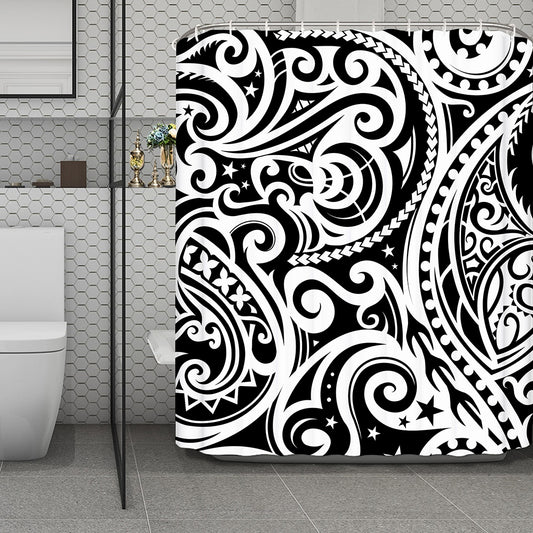 Black And White Polynesian Tattoo Print Polyester Shower Curtain