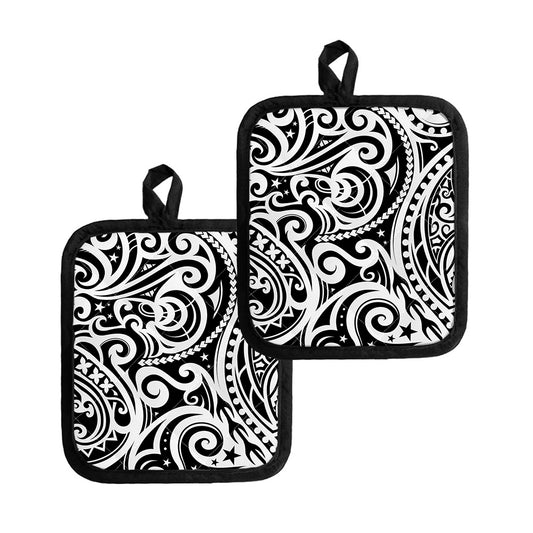 Black And White Polynesian Tattoo Print Pot Holders