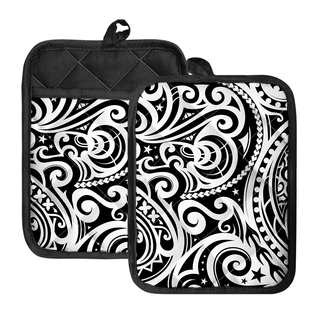 Black And White Polynesian Tattoo Print Pot Holders With Pocket