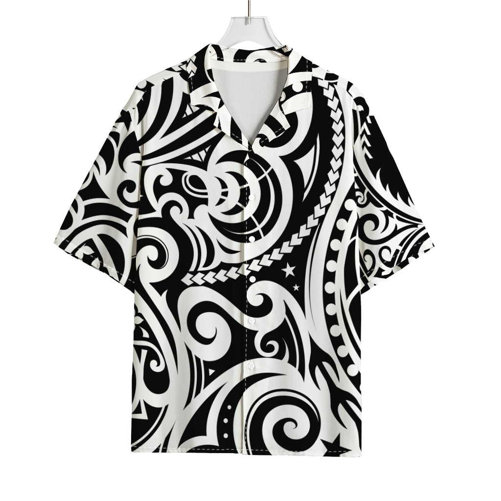 Black And White Polynesian Tattoo Print Rayon Hawaiian Shirt