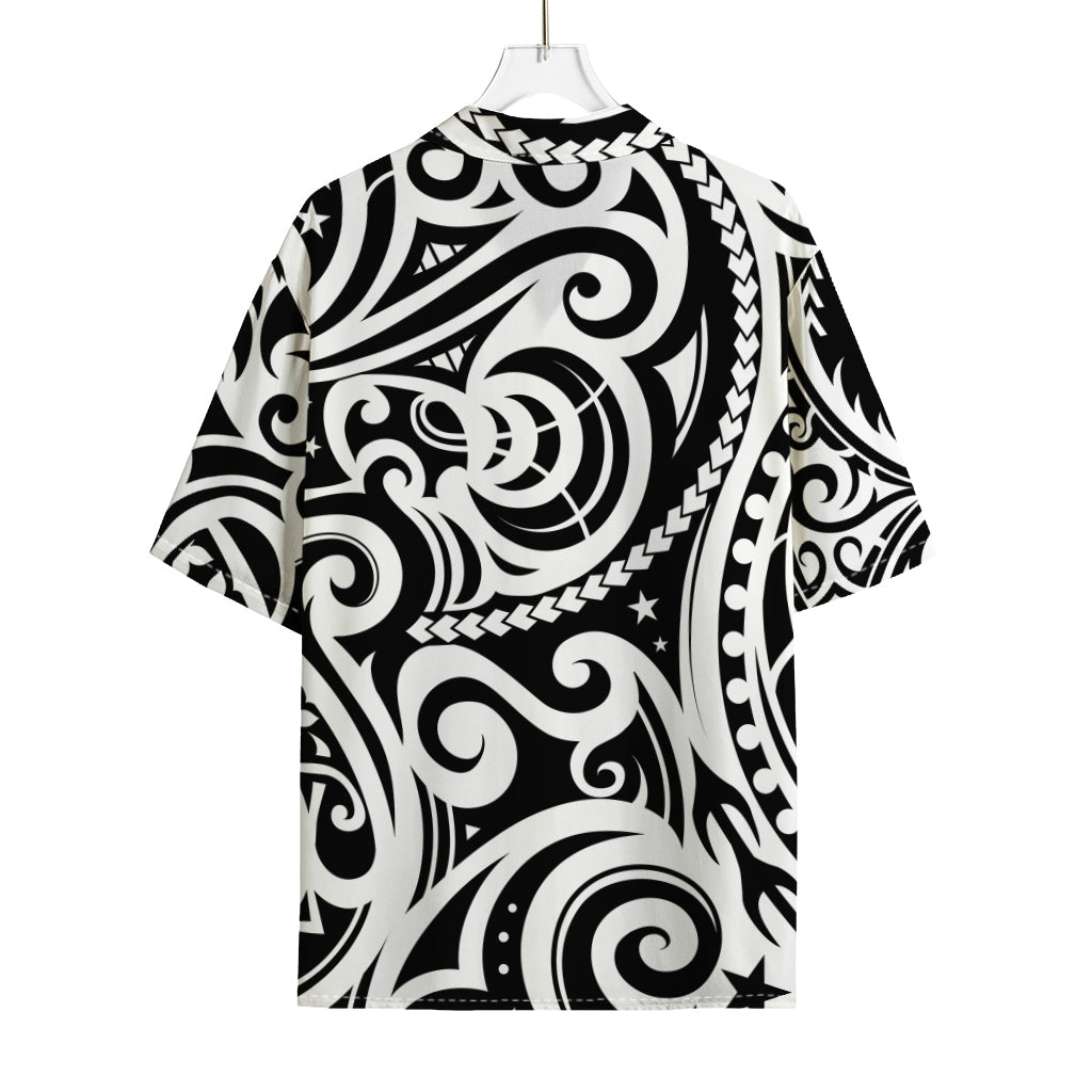 Black And White Polynesian Tattoo Print Rayon Hawaiian Shirt