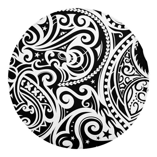 Black And White Polynesian Tattoo Print Round Blanket