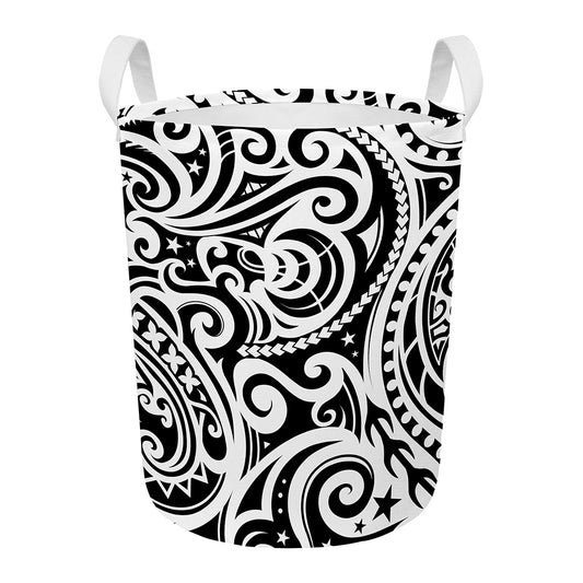 Black And White Polynesian Tattoo Print Round Laundry Basket