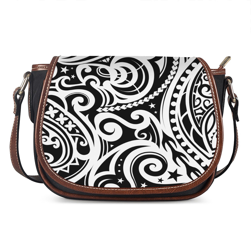 Black And White Polynesian Tattoo Print Saddle Bag