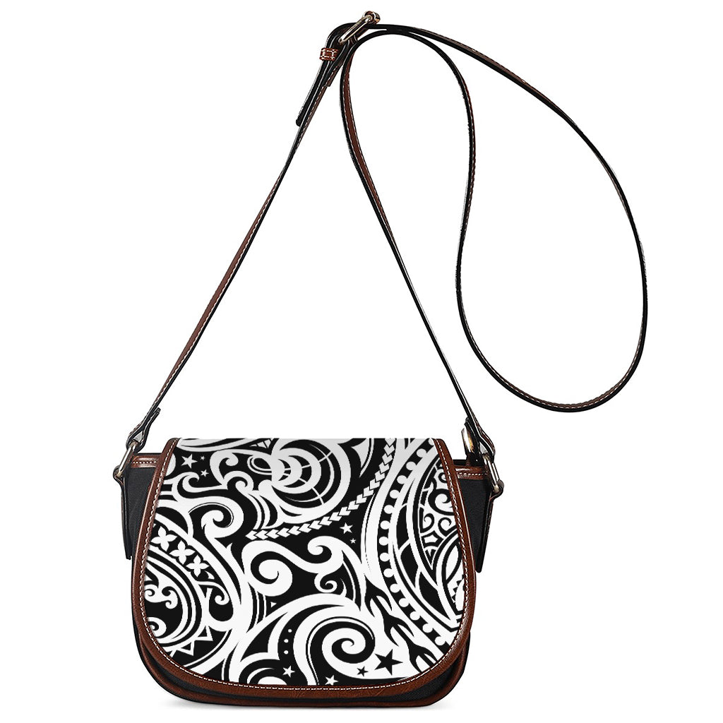 Black And White Polynesian Tattoo Print Saddle Bag