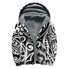 Black And White Polynesian Tattoo Print Sherpa Lined Zip Up Hoodie