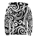 Black And White Polynesian Tattoo Print Sherpa Lined Zip Up Hoodie