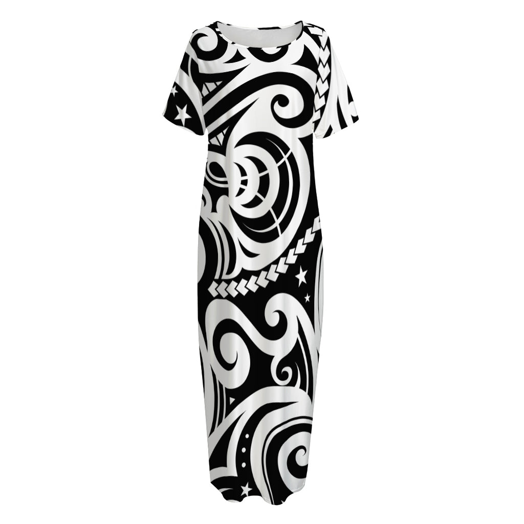 Black And White Polynesian Tattoo Print Short Sleeve Long Nightdress