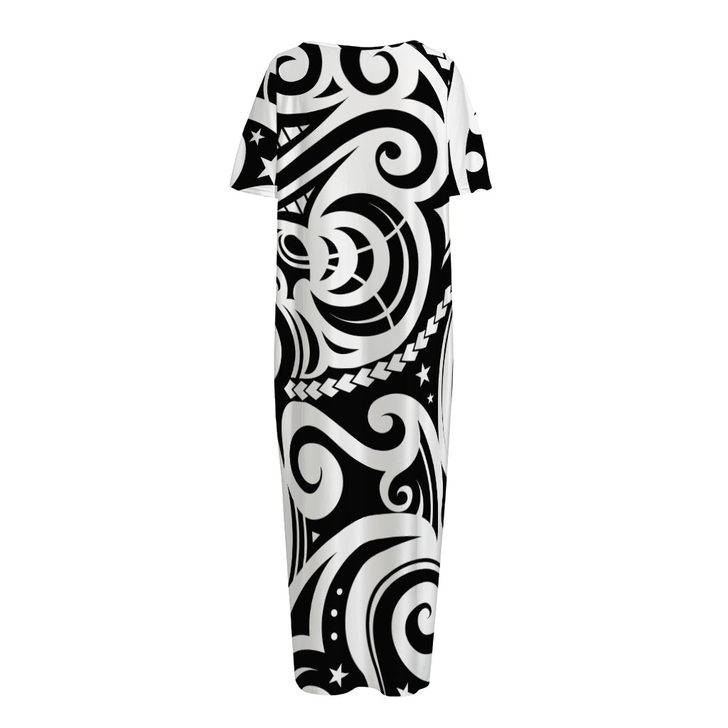 Black And White Polynesian Tattoo Print Short Sleeve Long Nightdress