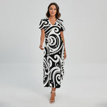 Black And White Polynesian Tattoo Print Short Sleeve Maxi Dress
