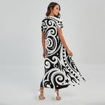 Black And White Polynesian Tattoo Print Short Sleeve Maxi Dress