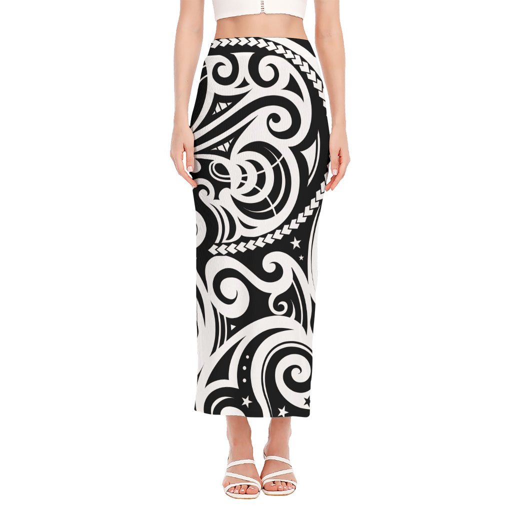 Black And White Polynesian Tattoo Print Side Slit Maxi Skirt