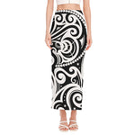 Black And White Polynesian Tattoo Print Side Slit Maxi Skirt